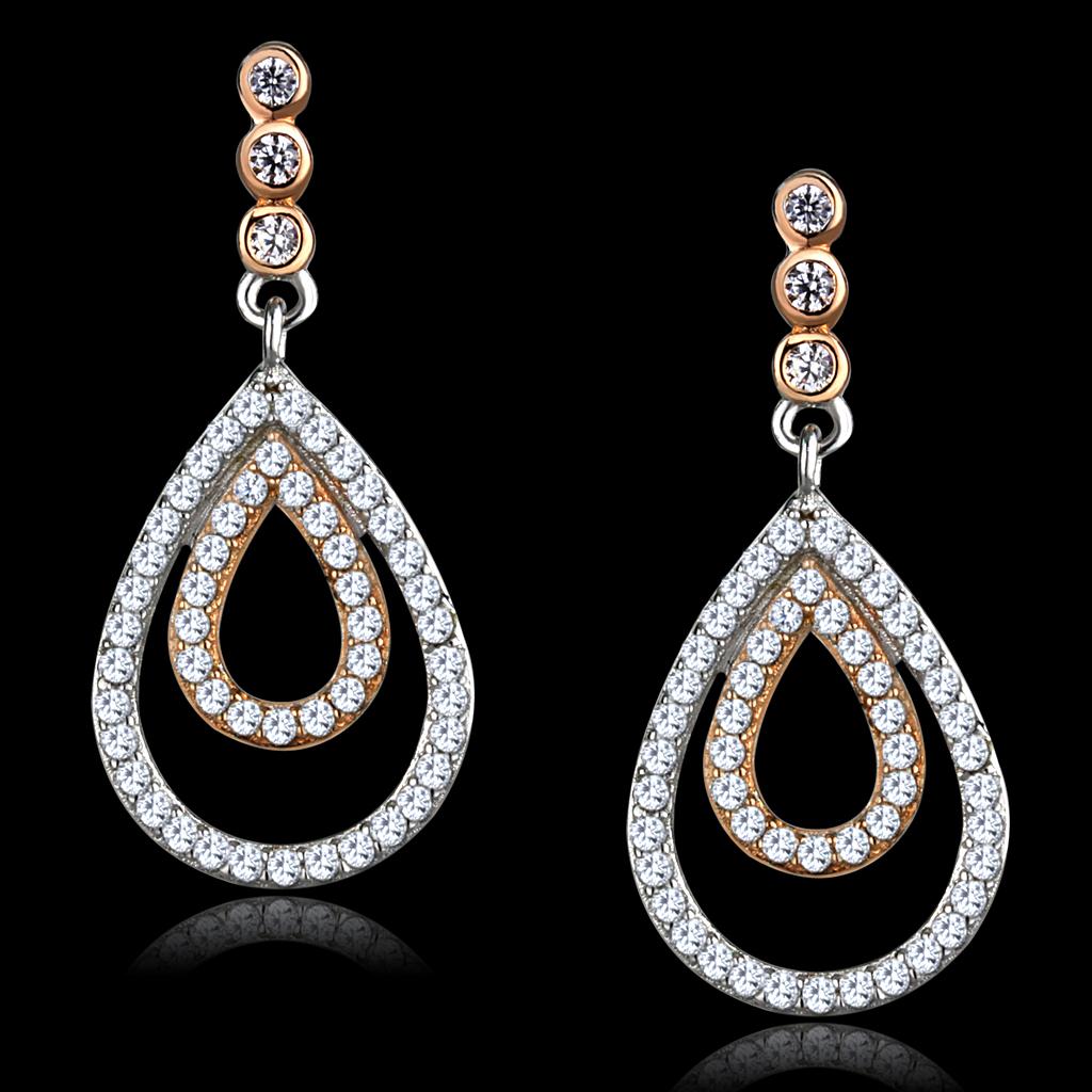 JCE548 Rose Gold + Rhodium 925 Sterling Silver Earrings with AAA Grade CZ  in Clear